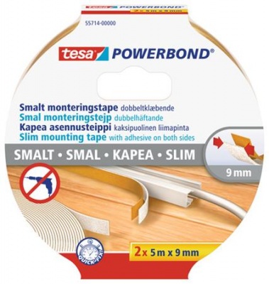 Szerelőszalag, keskeny, 2 x 9 mm x 5 m, TESA, "Powerbond"